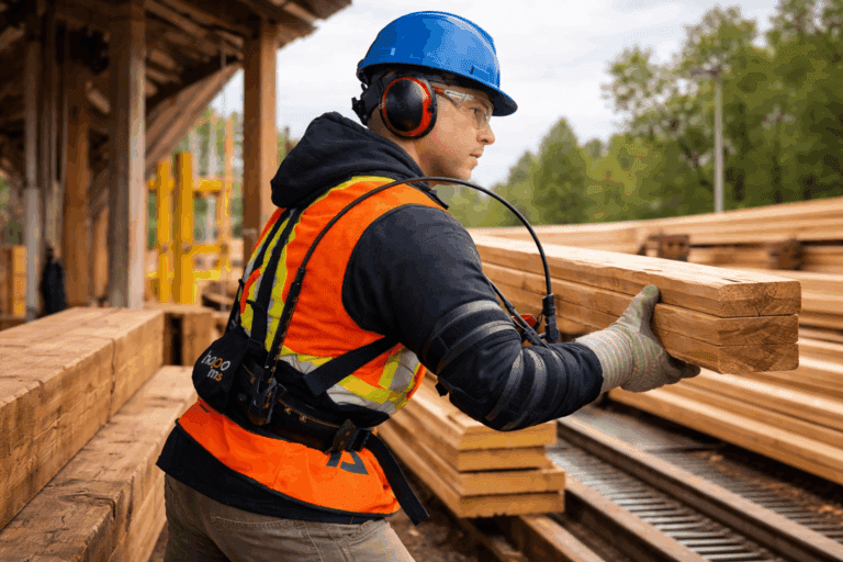Operator wearing a shoulders exoskeleton